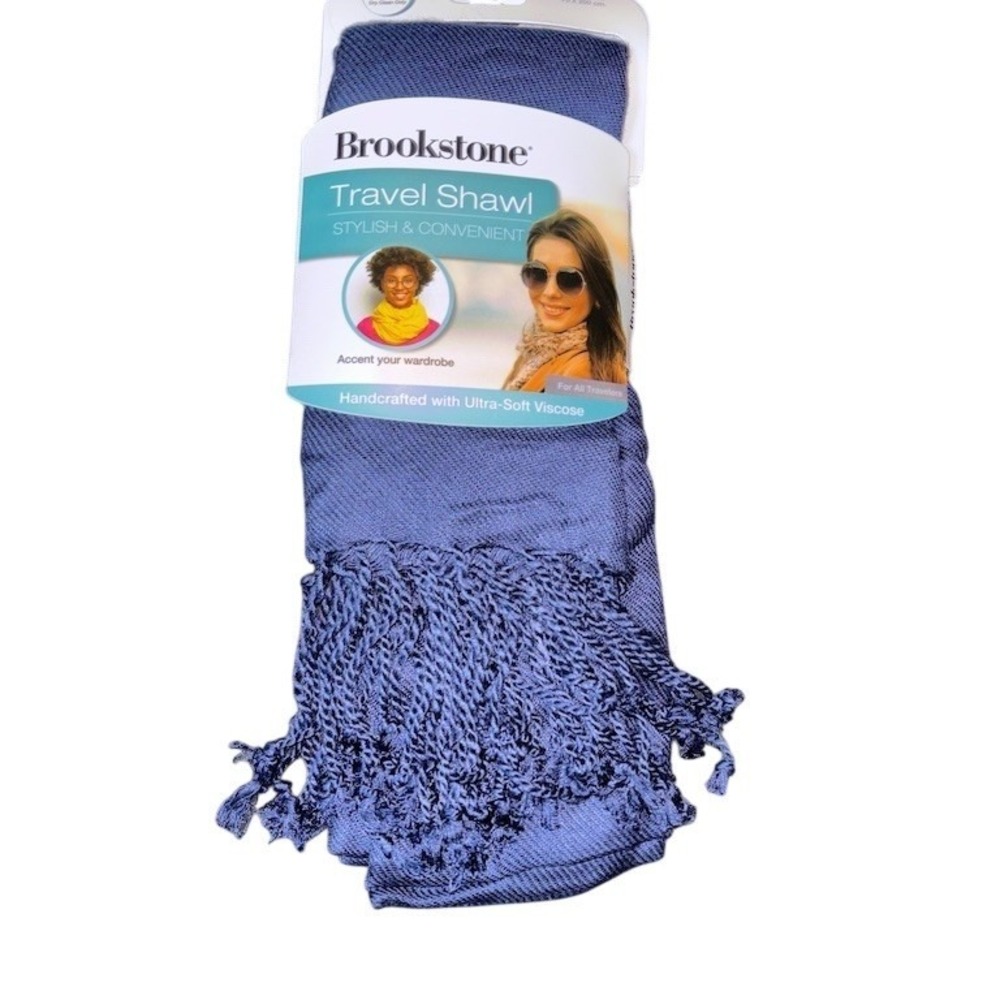 Brookstone Travel Shawl Wrap Scarf Unisex OSFA Blue Solid Fringe 70x200cm